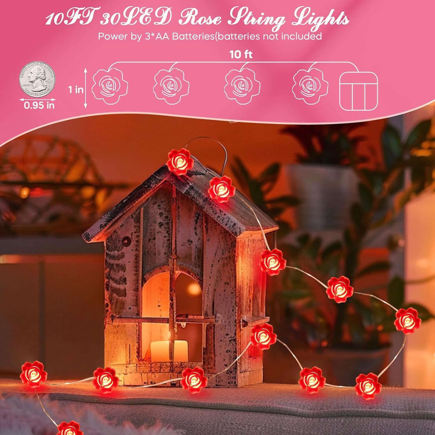 Coquimbo Valentines Day Decorations Lights, 10FT 30 LED Rose String