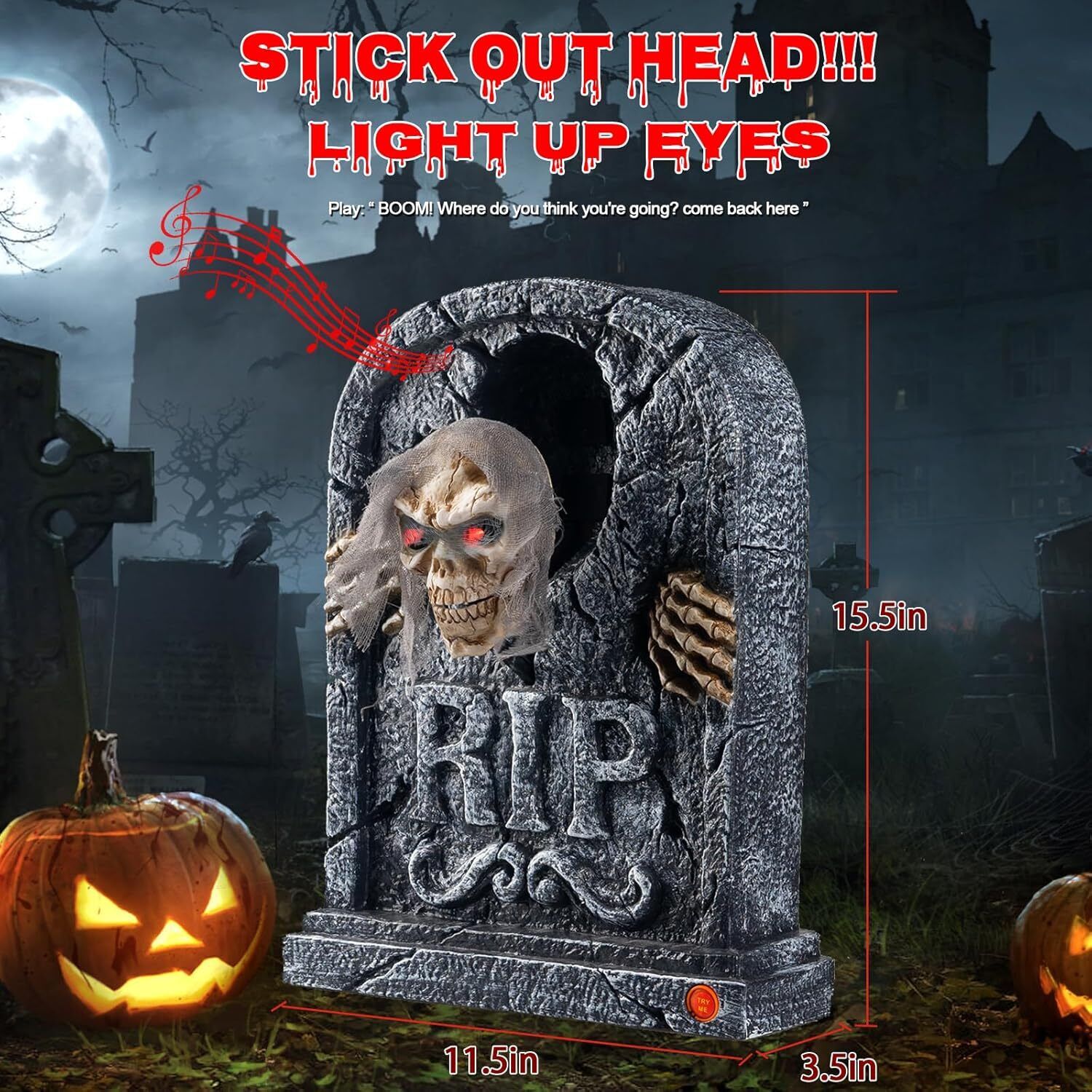 Motion Activated Halloween Animatronics Zombie Tombstone - LED Gravestone