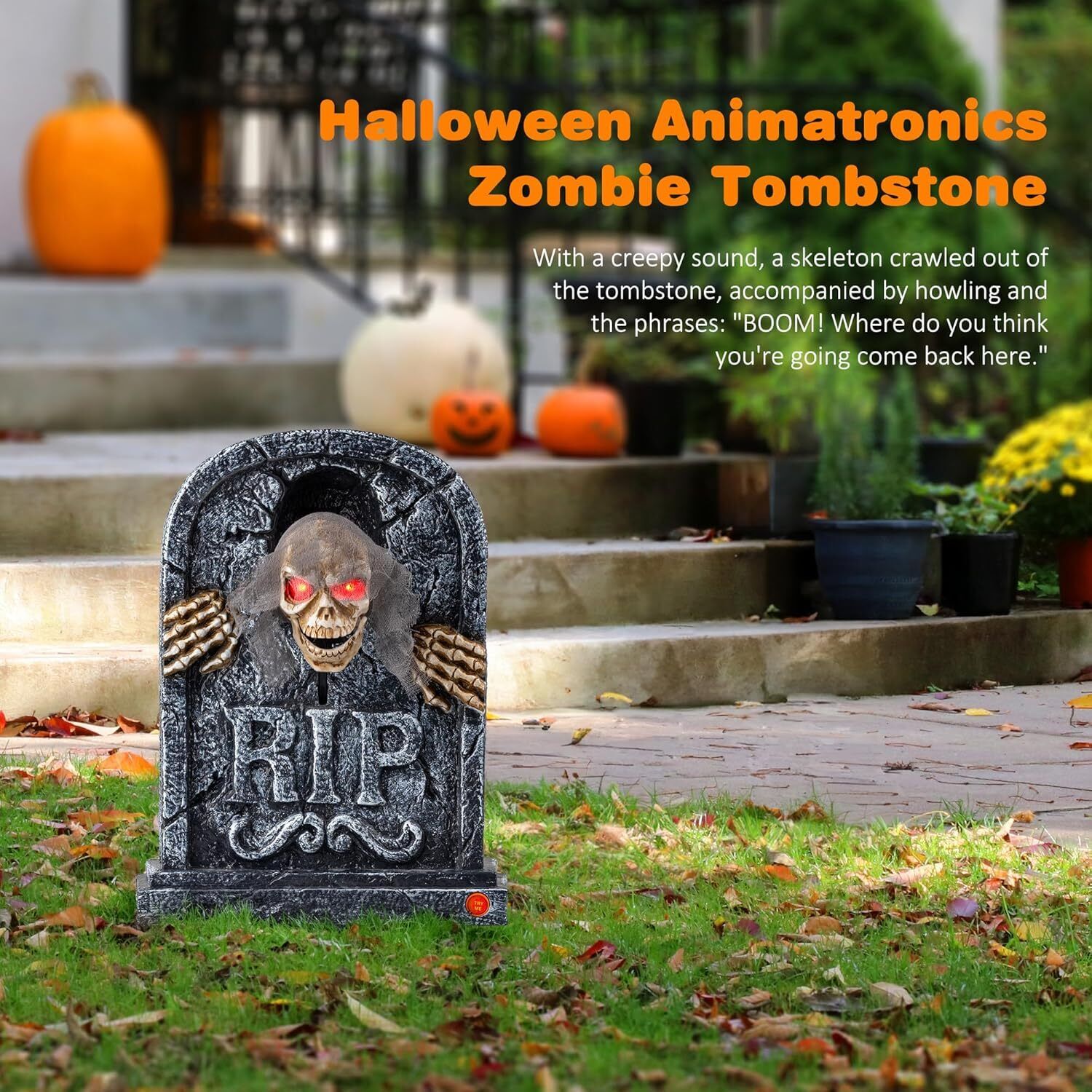 Motion Activated Halloween Animatronics Zombie Tombstone - LED Gravestone