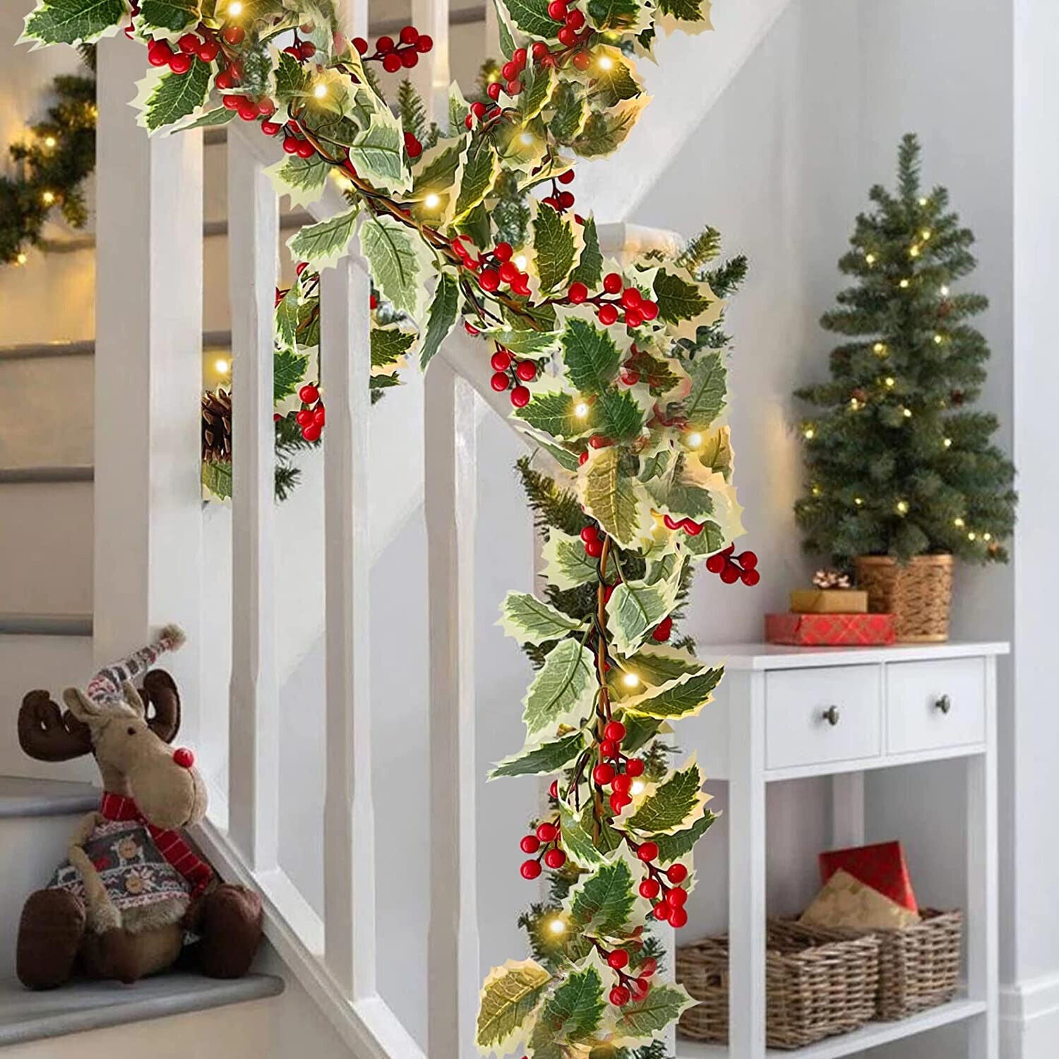 6 FT Christmas Garland with Lights Pine Cones Red Berries Green Holly Leaves