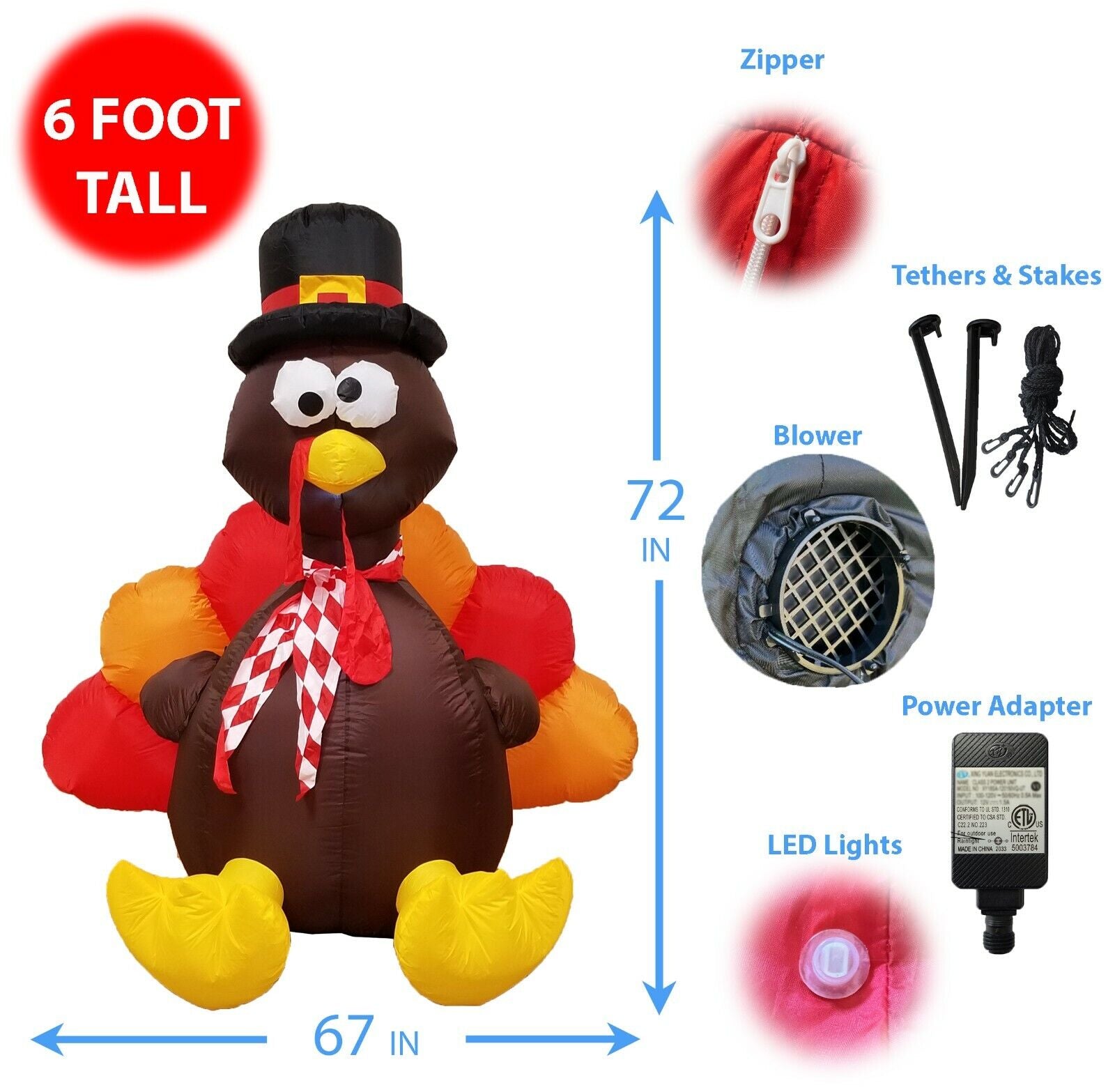 6 Foot Thanksgiving Inflatable Turkey Air Blown Outdoor Yard Decoration Blowup