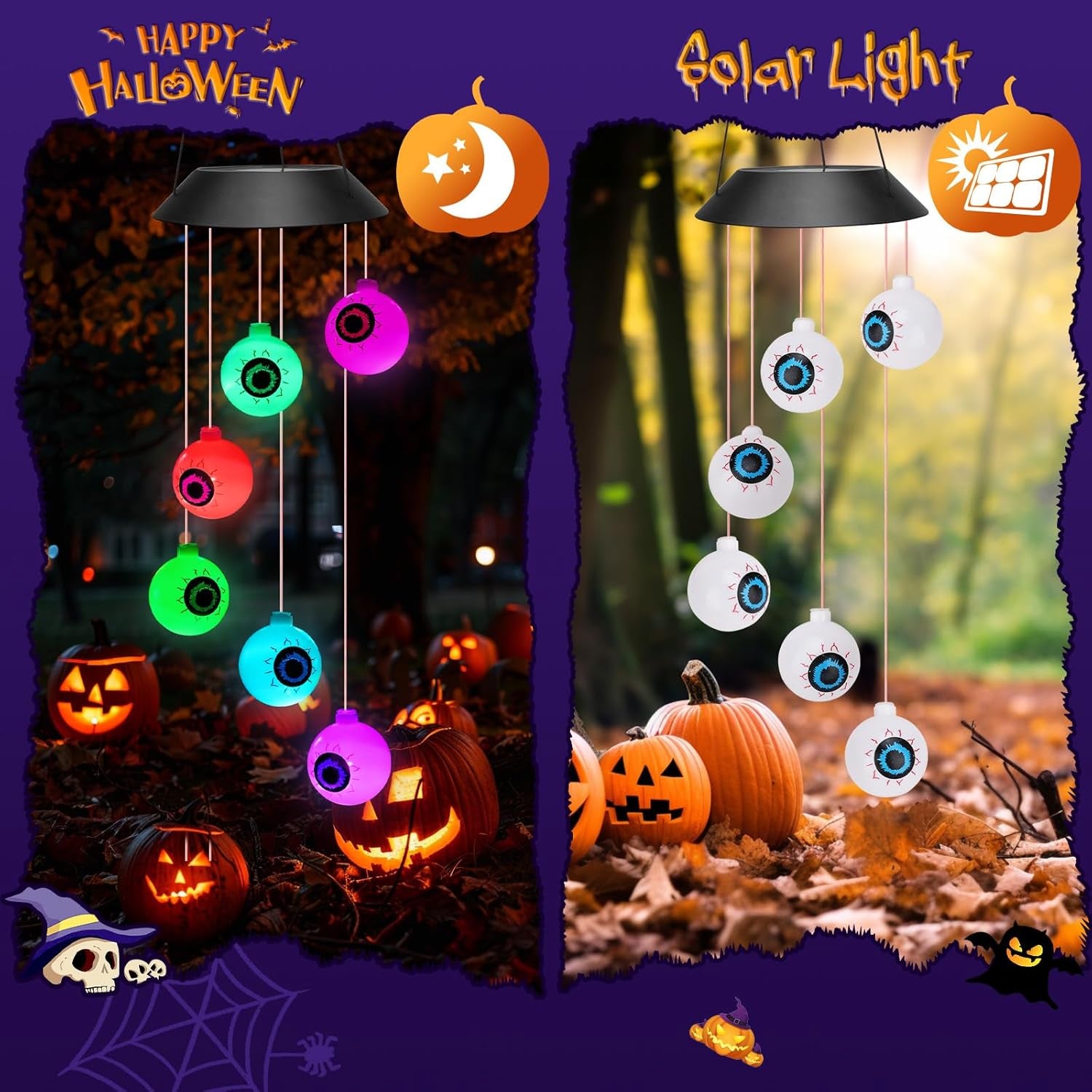 Halloween Decorations outside Solar Outdoor Lights Waterproof Eyeballs Wind Chim