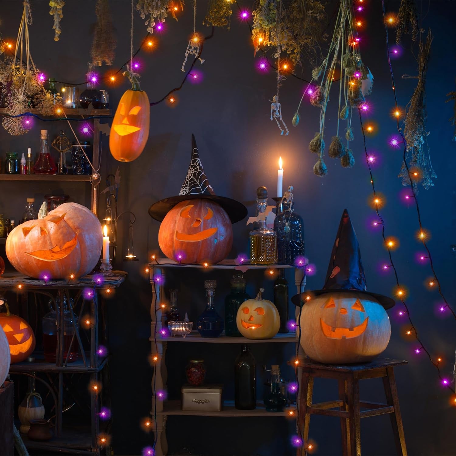 Solar Halloween Lights,39Ft 100LED Orange & Purple Halloween Lights,Hallowe