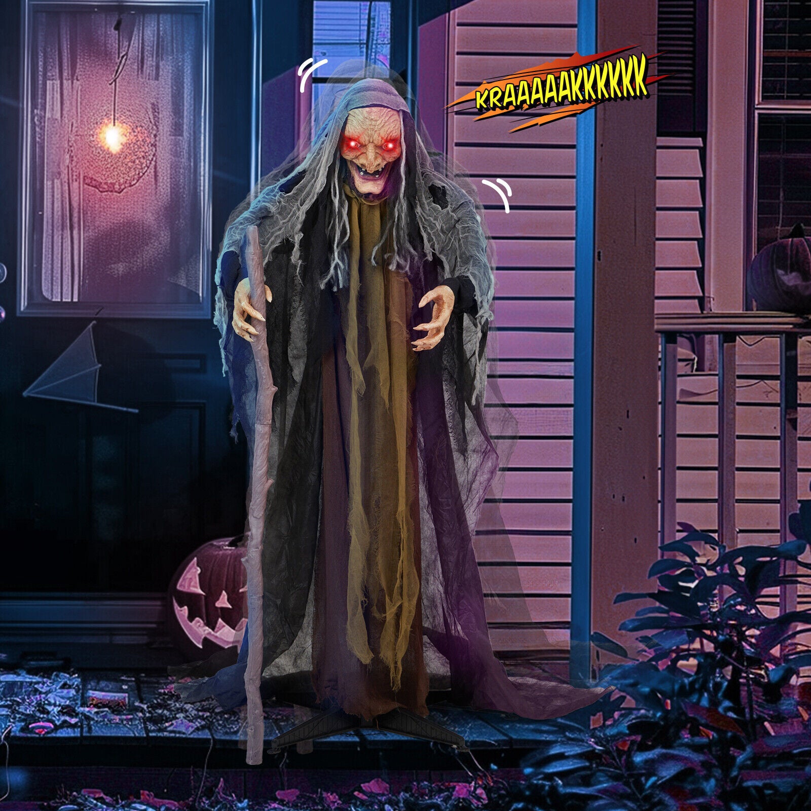 5.3FT Halloween Outdoor Spooky Decoration Talking Witch with Cane Glowing Eyes