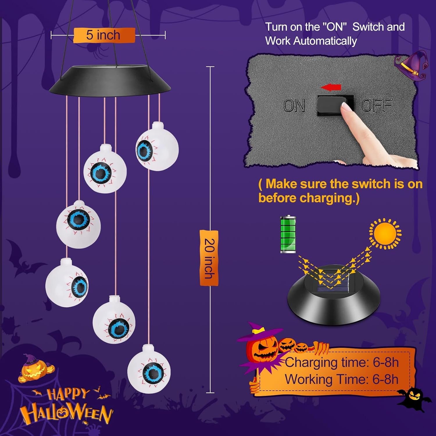 Halloween Decorations outside Solar Outdoor Lights Waterproof Eyeballs Wind Chim