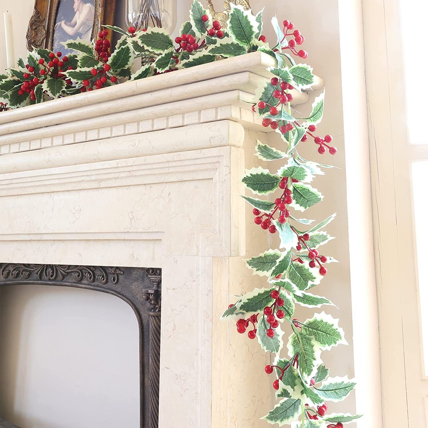 6 FT Christmas Garland with Lights Pine Cones Red Berries Green Holly Leaves