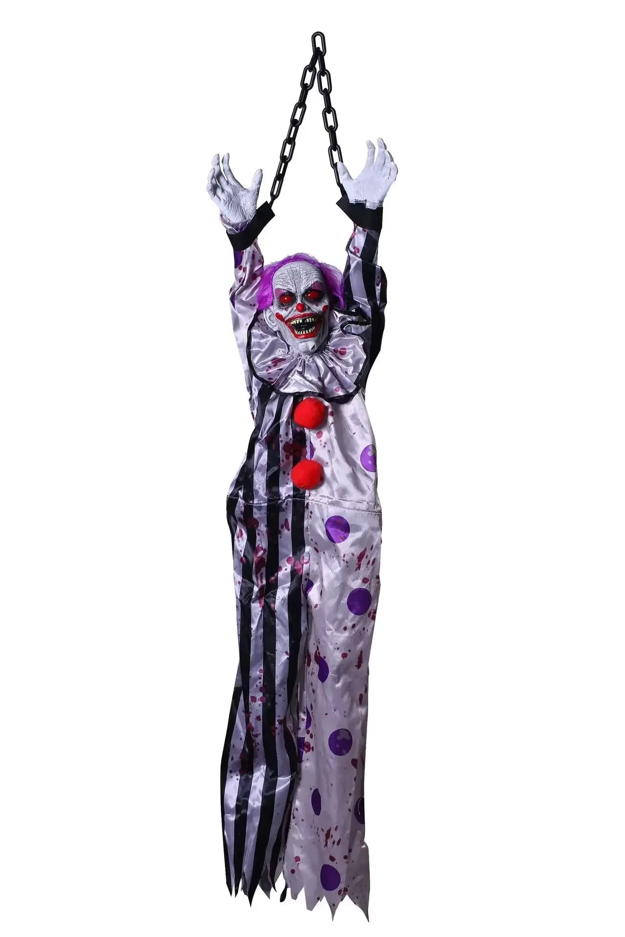 Halloween Animatronic Hanging Decoration Animated Talking Scary Clown with Chain Red Eyes Sound &Touch Activated Electric Horror