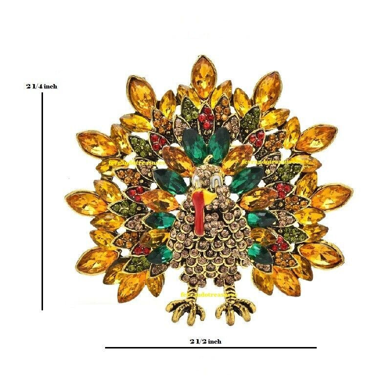 Turkey Thanksgiving Day / Fall Crystal Rhinestone Brooch Pin Velvet Bag