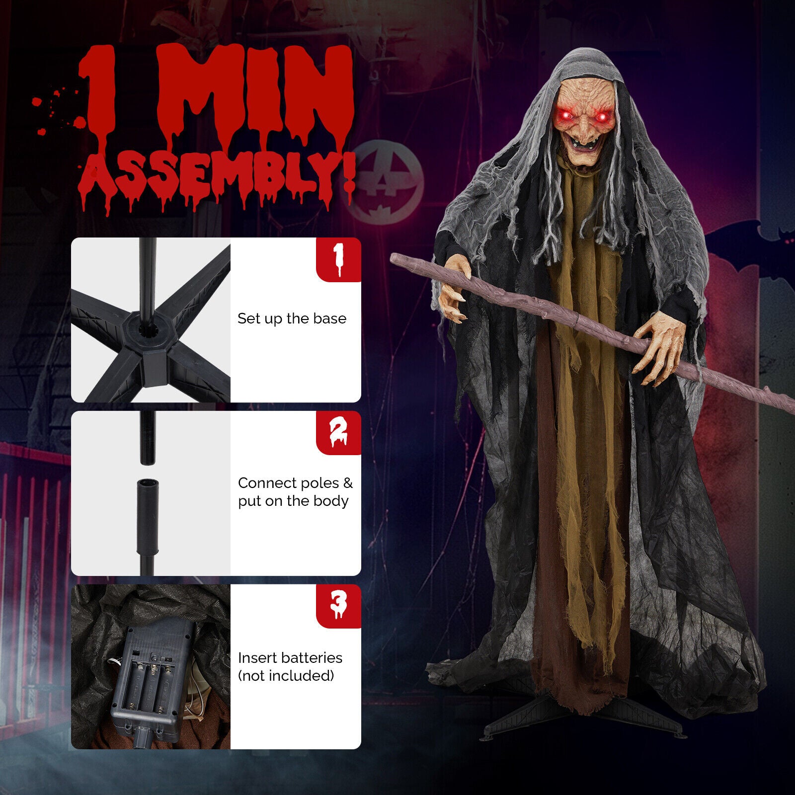 5.3FT Halloween Outdoor Spooky Decoration Talking Witch with Cane Glowing Eyes