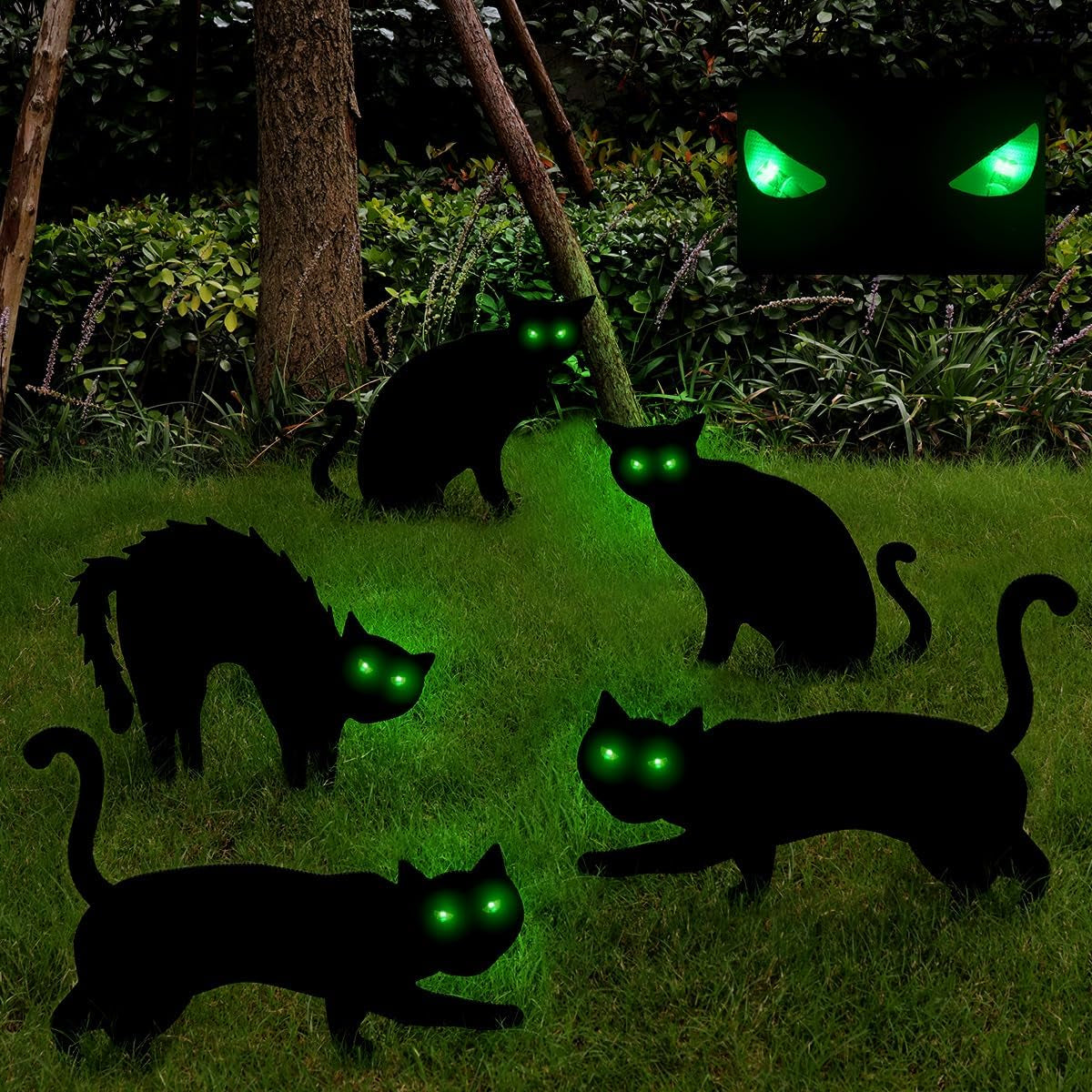 Outdoor Halloween Decorations, 5Ct Black Cat Yard Decor with LED Lights in Eyes,