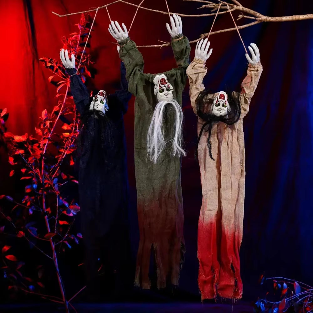 Halloween Animatronic Hanging Decoration Animated Talking Scary Clown with Chain Red Eyes Sound &Touch Activated Electric Horror