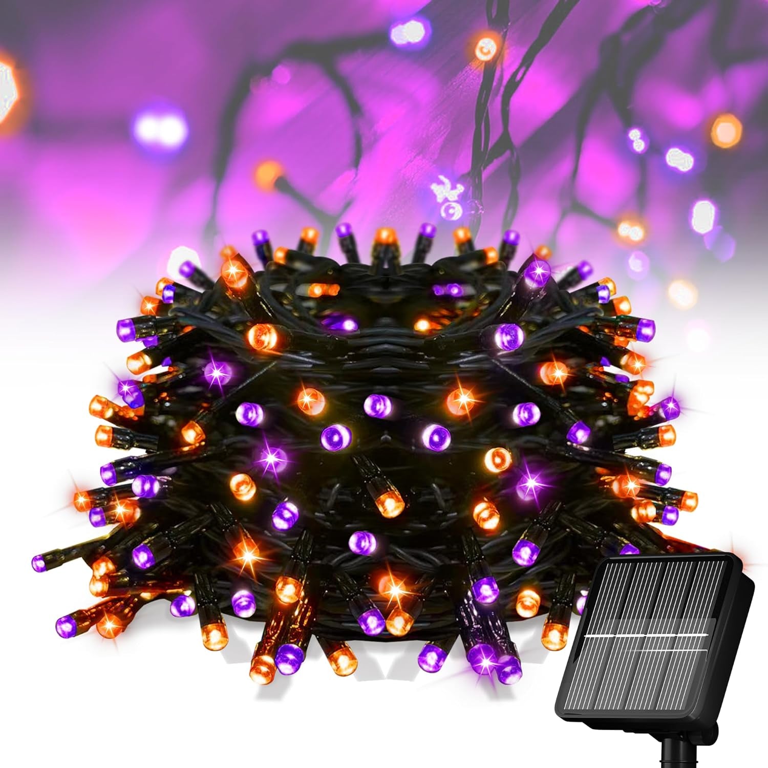 Solar Halloween Lights,39Ft 100LED Orange & Purple Halloween Lights,Hallowe