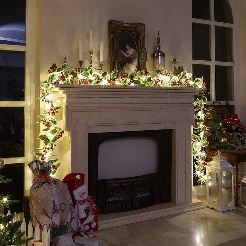 6 FT Christmas Garland with Lights Pine Cones Red Berries Green Holly Leaves