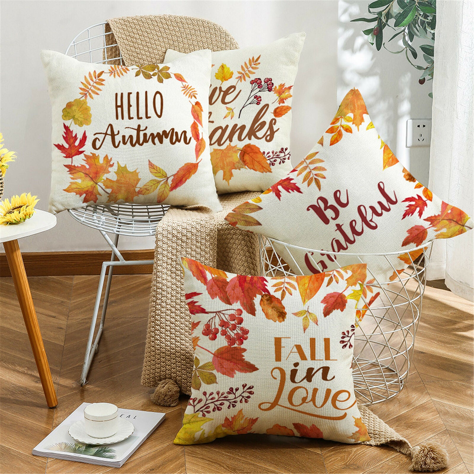 4Pcs Fall Pillow Covers Throw Pillowcase Autumn Pumpkin Thanksgiving Decor 18X18