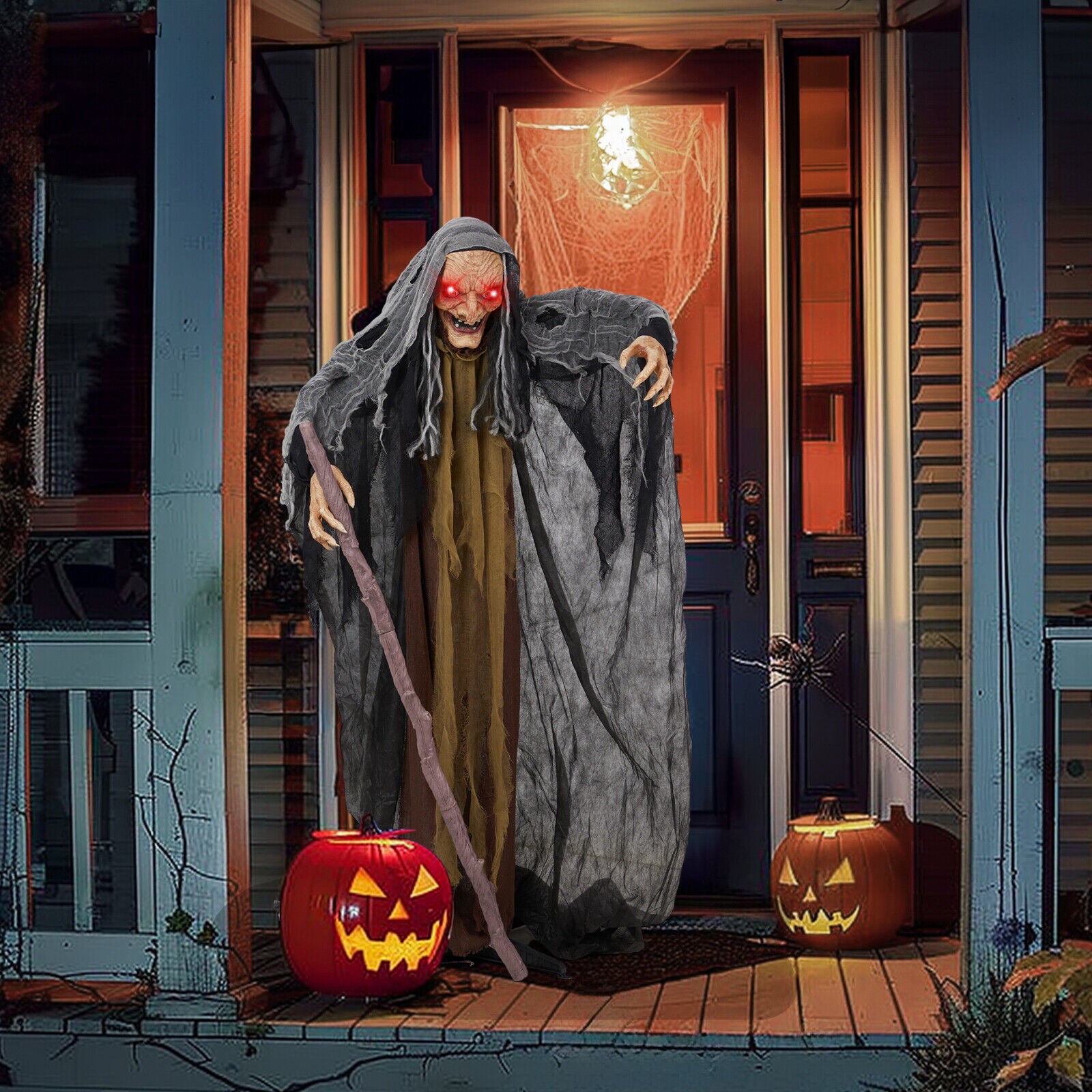 5.3FT Halloween Outdoor Spooky Decoration Talking Witch with Cane Glowing Eyes