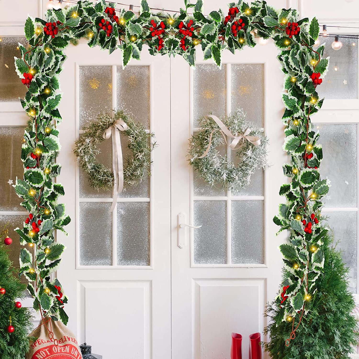 6 FT Christmas Garland with Lights Pine Cones Red Berries Green Holly Leaves