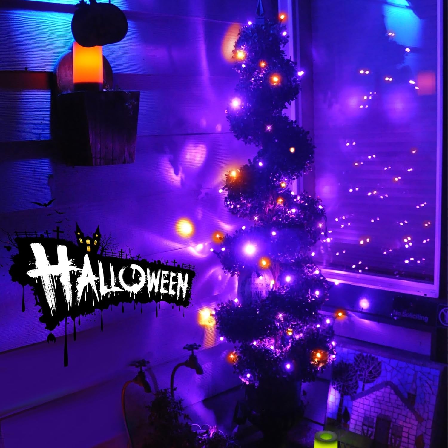 Solar Halloween Lights,39Ft 100LED Orange & Purple Halloween Lights,Hallowe