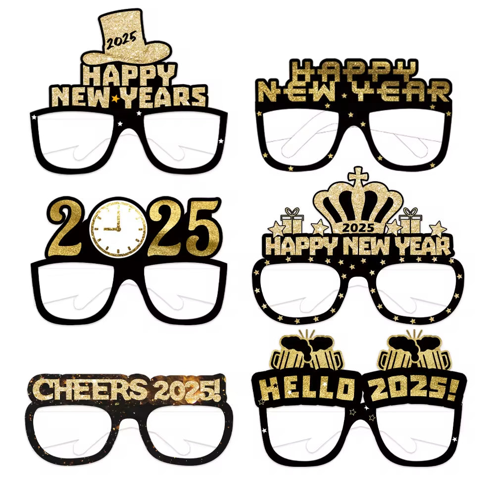 12/6Pcs Happy New Year Paper Glasses 2025 Eyeglasses Frame Photo Booth Props New Year'S Eve Party Decoration Christmas Supplies