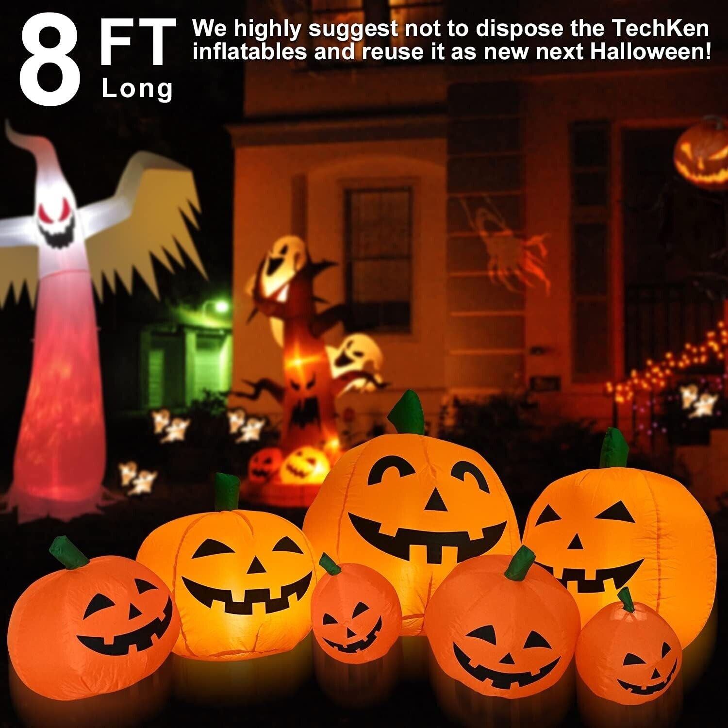 8FT Inflatable Halloween Pumpkins with Built-In Leds - Outdoor Yard Decorations
